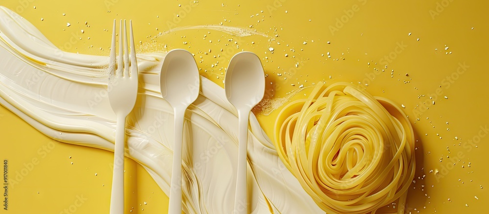 Poster Italian pasta spoon and fork arranged in a composition with copy space image allocated