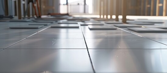 White square ceramic tiles being installed on a perspective view of a tile floor under construction ideal for interior finishing in bathrooms kitchens and shower rooms with a concrete surface Perfect