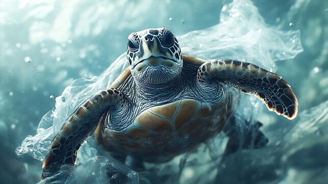 Sea turtle Caretta caretta trapped in a plastic bag Pollution in oceans concept : Generative AI