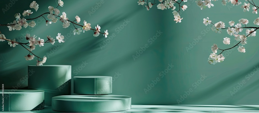 Aufkleber green background with shadows embellished podiums and blossoming branches creating an ideal copy spa