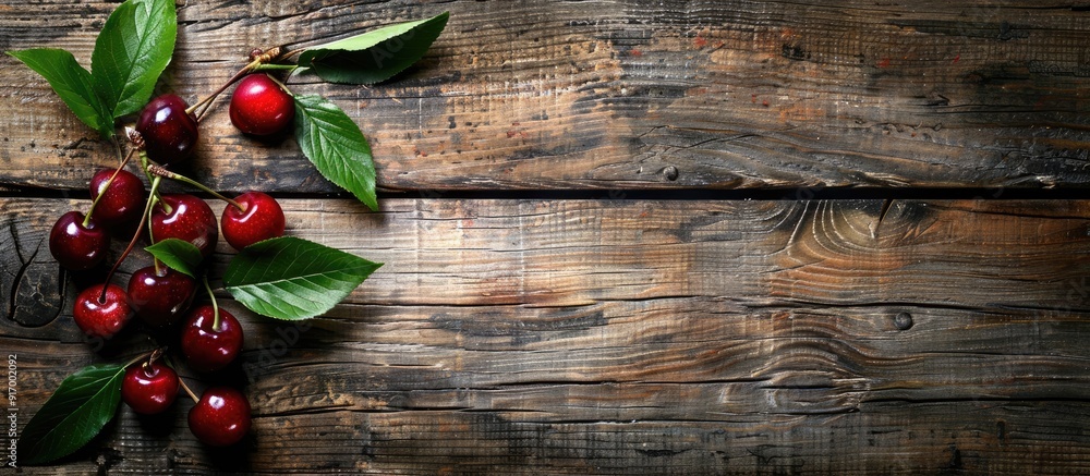 Poster fresh ripe cherries with leaves on a textured wooden background creating a copy space image for vega