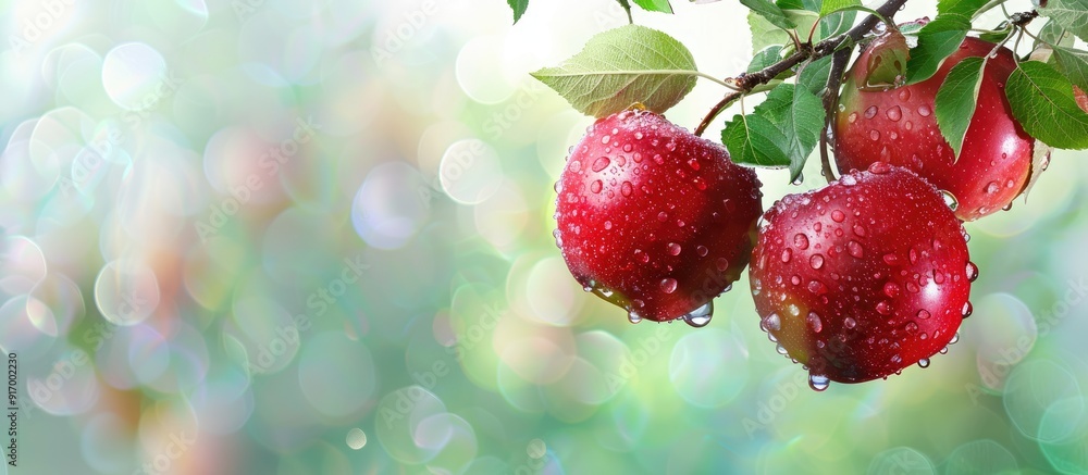 Aufkleber ripe red apples with water droplets hanging from a branch with green leaves in a close up copy space