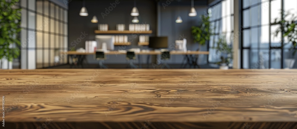 Poster a wooden table placed in front of a sleek office setting creates an ideal copy space image for showc
