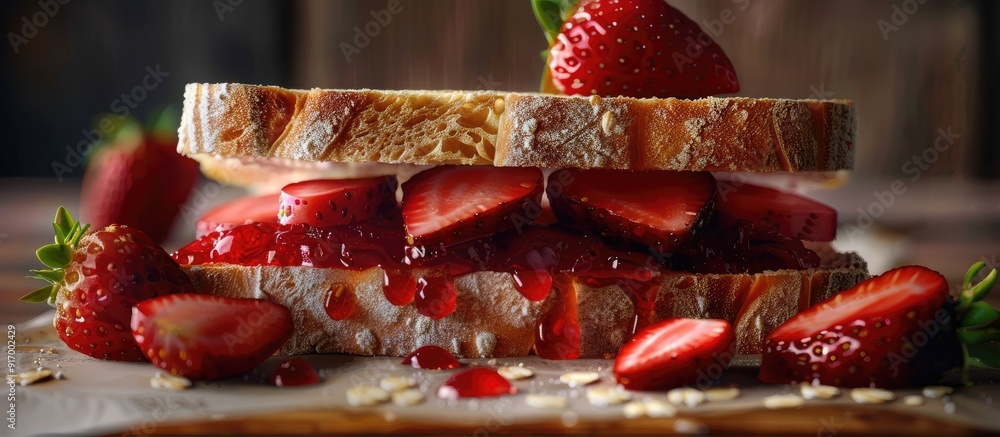 Poster sandwich with strawberry jam filling. . image with copy space