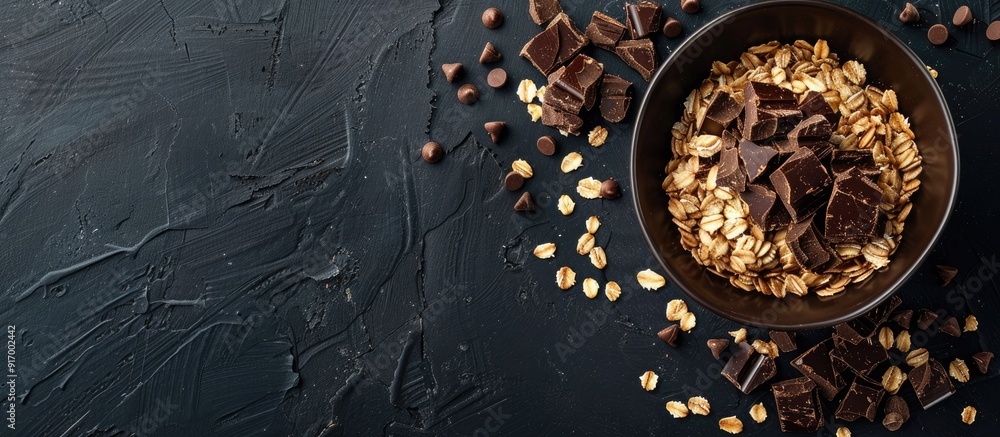 Poster healthy snack with oatmeal and chocolate morsels on a black background in an enticing copy space ima