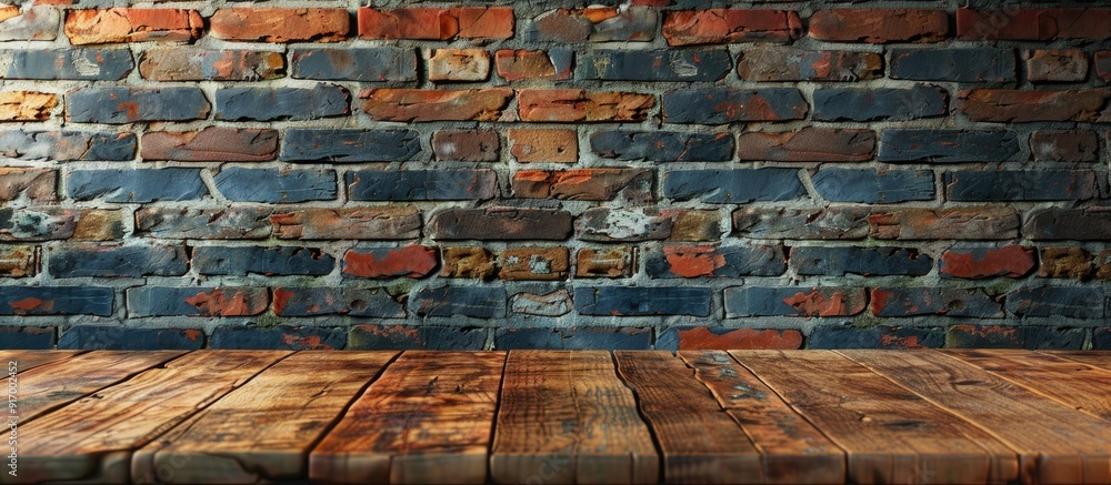 Sticker Brick wall background with wooden table providing copy space image