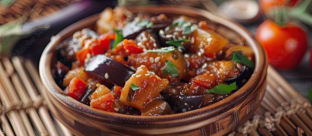 Aufkleber close up image of stewed eggplant and tomato dishes on bamboo mat with shallow depth of field ideal 