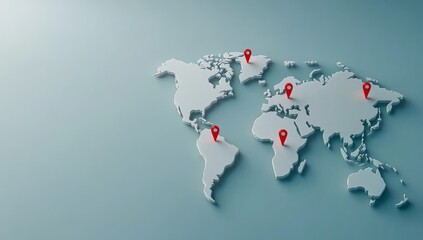 Naklejka premium World Map with Red Pins Marking Various Locations, Indicating Global Reach