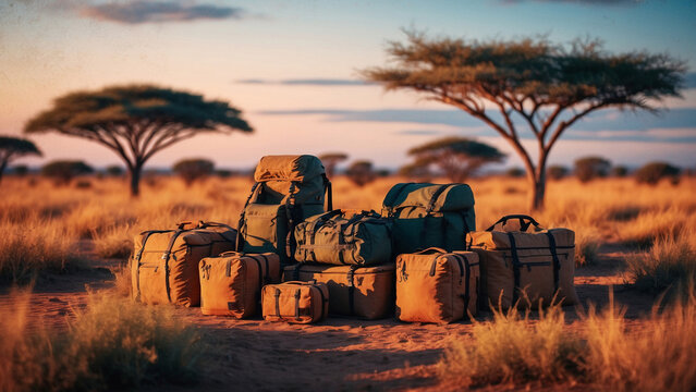 Spacious landscape features packed travel bags ready for adventure in golden light of evening