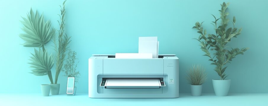 White printer on blue background with plants.