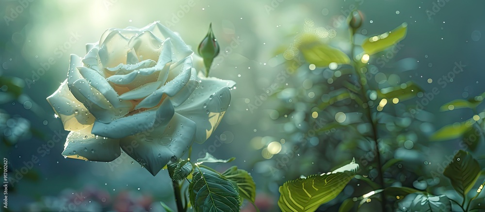 Poster A delicate white rose in full bloom adds fragrance and beauty to a summer garden scene with a copy space image