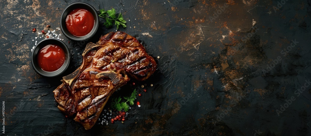Poster Grilled T bone steak with sauces on a dark background with copy space image