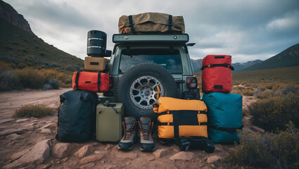 Adventurers gear up with packed supplies at remote mountain location as they prepare for off-road adventure