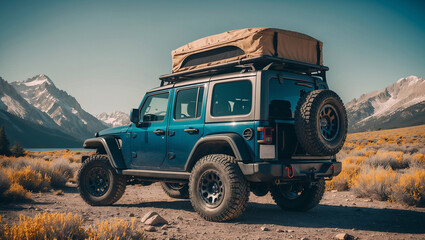 Rugged vehicle with rooftop tent is parked amidst stunning mountain backdrop