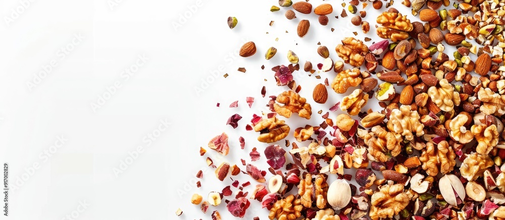 Poster turkish desserts showcasing a mix of walnuts hazelnuts and pistachio petals on a white background as