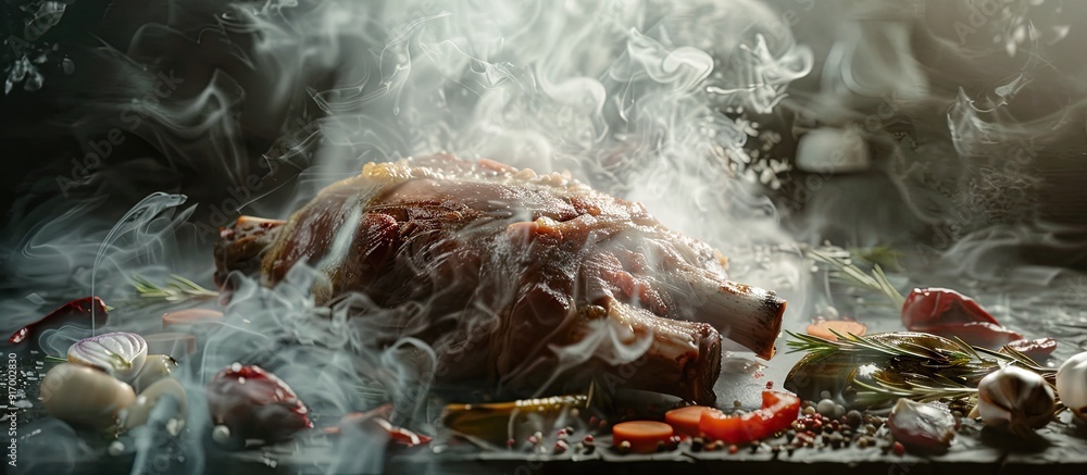 Aufkleber Cook a pork leg with vegetables in a steaming process creating a delicious dish suitable for a copy space image