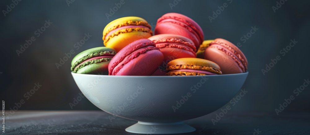 Poster a bowl filled with an array of vibrant macarons creates a visually appealing copy space image