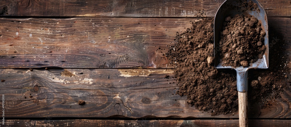 Poster top view of a metal shovel with soil displayed on a wooden table with space for text in the image. c