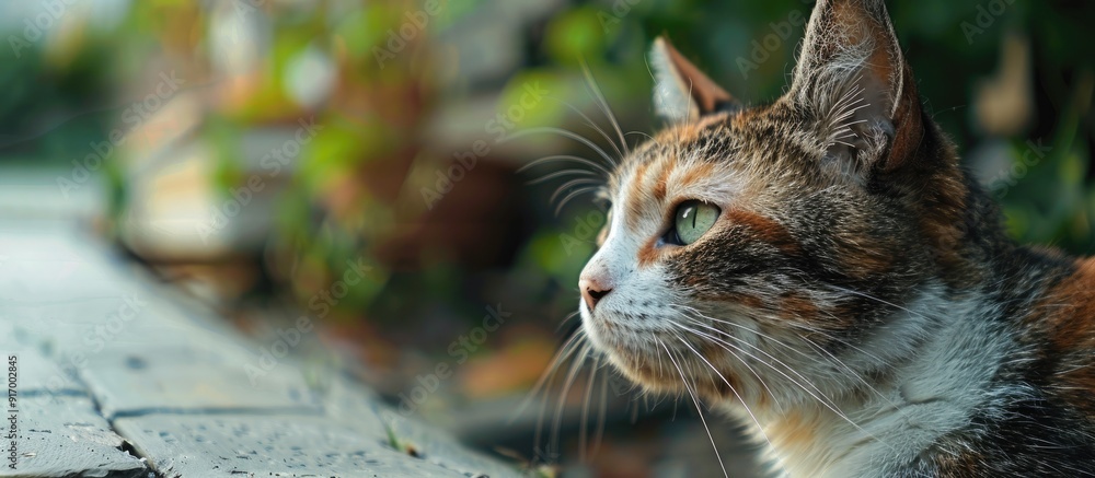 Poster calico cat with a green eye enjoying the outdoors with a copy space image