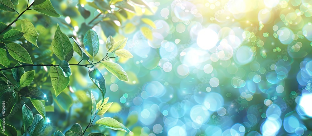 Poster An abstract summer background with a blend of blue and green colors featuring blurred foliage and a sky filled with vibrant bokeh perfect for a cover page with copy space image for an ecology theme