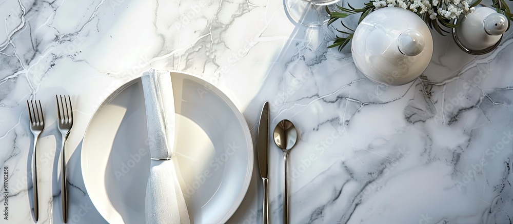 Poster elegant dining setup on a sleek white marble table from above with cutlery napkin and room for a cap