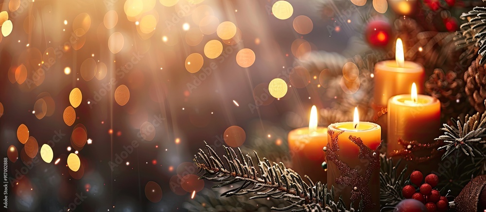 Poster festive christmas card design featuring a fir branch with candles alongside a designated area for te