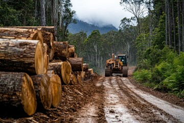 Bulldozer transporting logs in dense forest