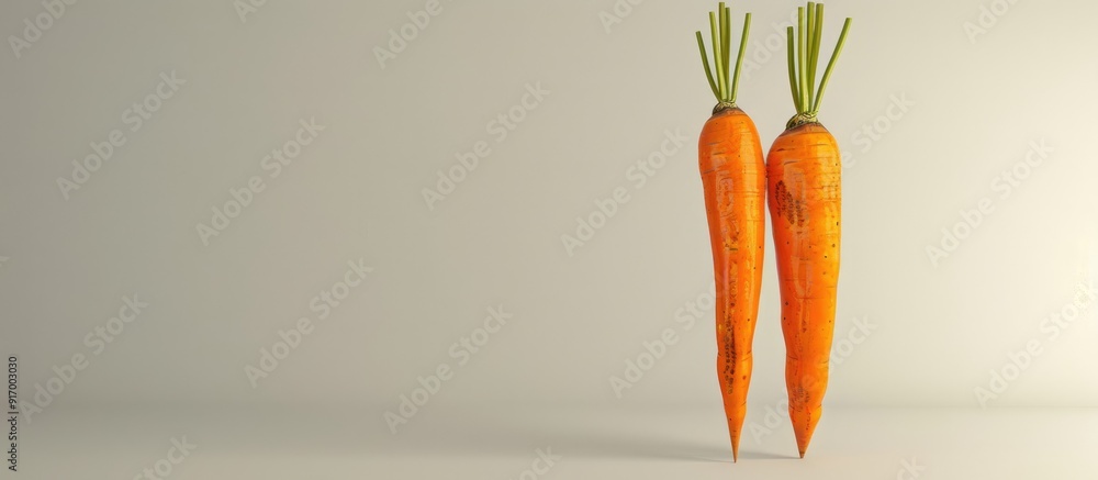 Poster two vibrant orange carrots displayed on a plain white background with room for text or other images 