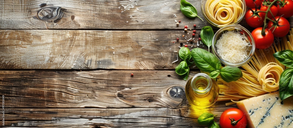 Poster Italian spaghetti pasta ingredients like tomato parmesan cheese olive oil fettuccine and basil beautifully displayed on a wooden table for a homemade Italian recipe captured from a top view with copy