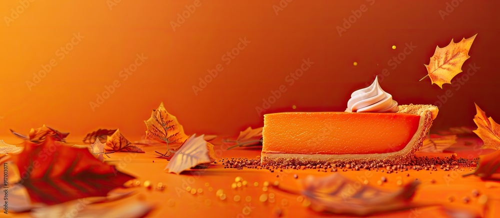 Poster a delicious slice of pumpkin pie showcased with autumn leaves on an orange backdrop in a copy space 