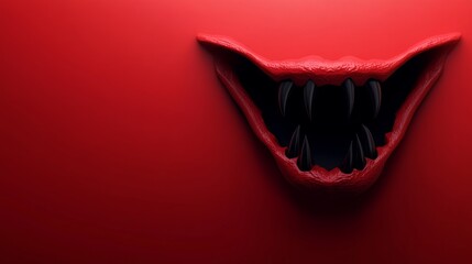 Elegant Dark Red Background with Minimal Black Vampire Fang Icon Copy Space