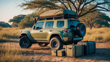 Off-road vehicle is set against golden savanna backdrop with camping equipment ready for adventure