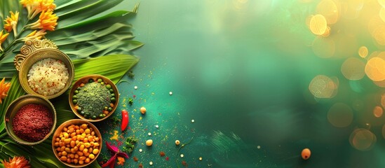 Traditional items like Kalash pachadi diya and pooja thali are used in Ugadi celebrations creating a vibrant copy space image for the Indian New Year festival