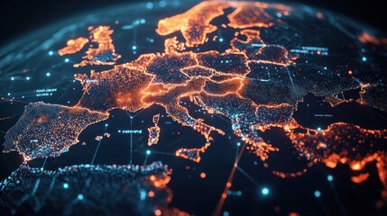 Fototapeta premium Digital Map of Europe with Glowing Lines
