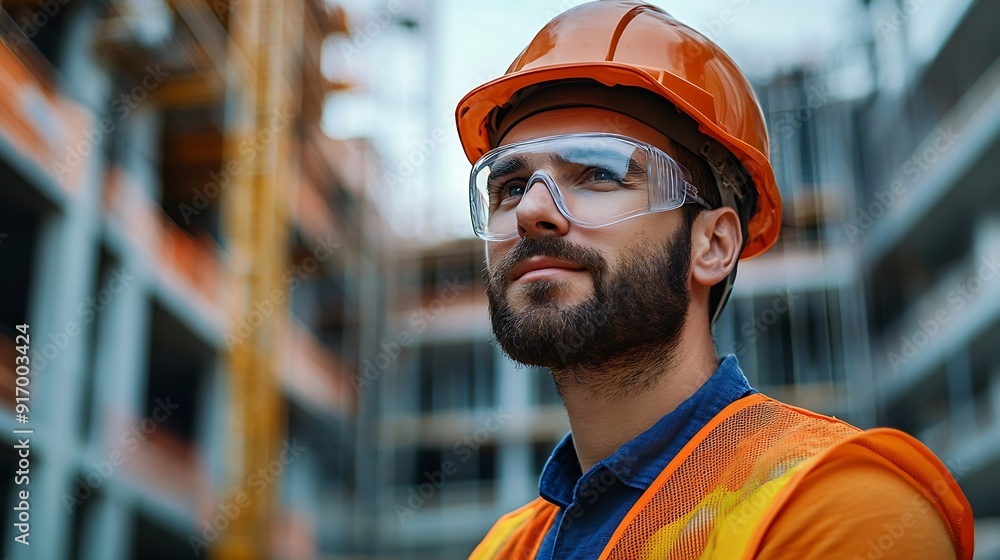 Aufkleber Portrait of cvil engineer with safety uniform working at construction site outdoor Construction worker checking and controlling project on building site Architecture engineering on new : Generative AI