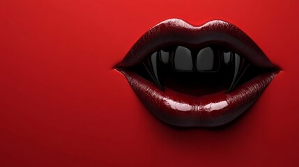Minimalistic Vampire Fang Icon on Dark Red Background, Copy Space for Halloween Design Concepts
