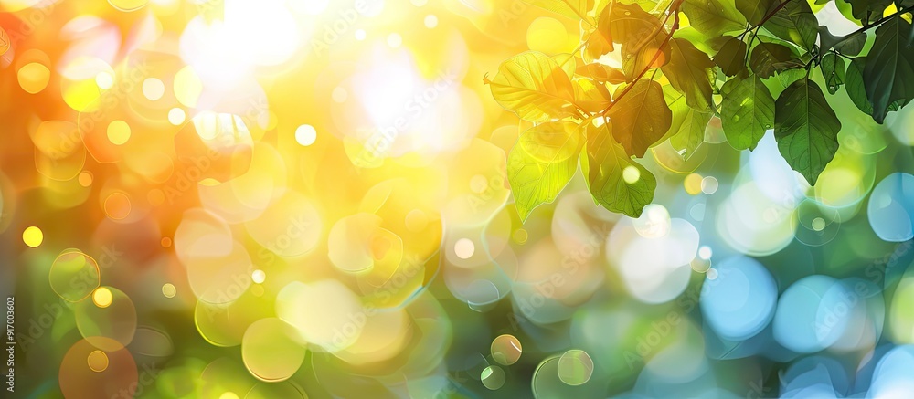 Poster Sunlight filtering through blurred colorful backgrounds creates a natural summer themed image with copy space for holiday ideas or eco friendly concepts