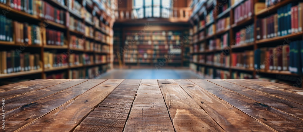 Poster wooden table surface with a blurred university library backdrop offering a clear area to display pro