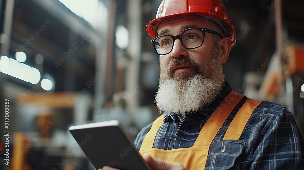 Fototapete Mature bearded man on construction site Engineer in uniform and glasses holds tablet background of workflow An employee notes something in his gadget in workshop Diversity of proffesio : Generative AI
