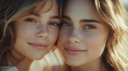 Portrait happy beautiful mother and teenage daughter : Generative AI