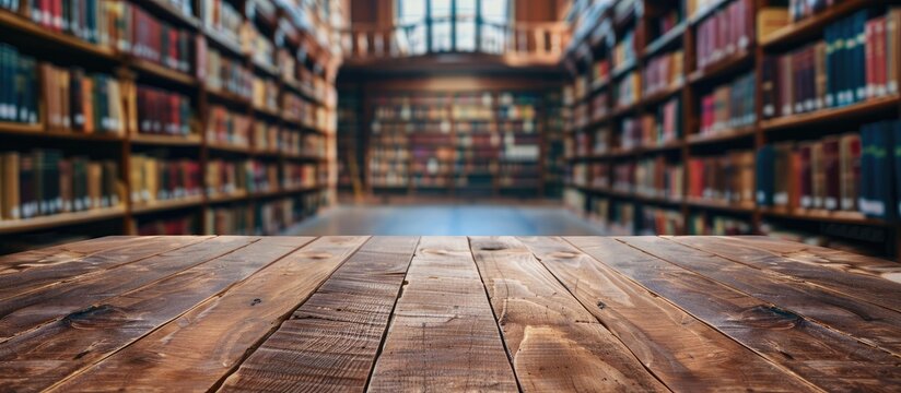 Wooden table surface with a blurred university library backdrop offering a clear area to display products with a captivating book filled setting for a copy space image