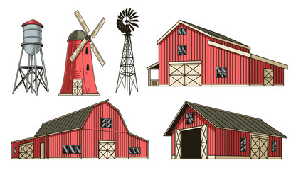 Agricultural buildings colorful set stickers © DGIM studio