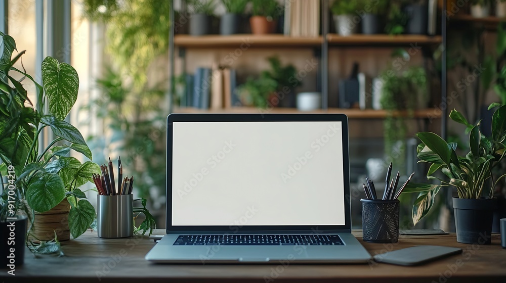 Aufkleber Workplace laptop computer with blank empty white screen display monitor on desk Mock up copy space Home office concept Business working from home studying elearning web site concept : Generative AI