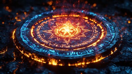An enchanted glowing sigil with a fiery core, surrounded by intricate symbols and radiating blue and orange light on a stone ground.