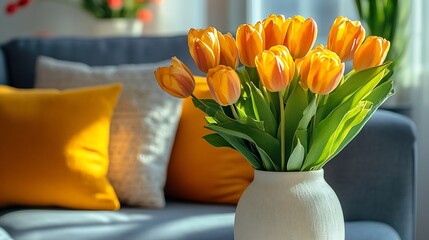 Interior design of spring living room with design sofa furniture vase with tulips easter decorations pillows and personal accessories Home decor Template Easter holidays : Generative AI