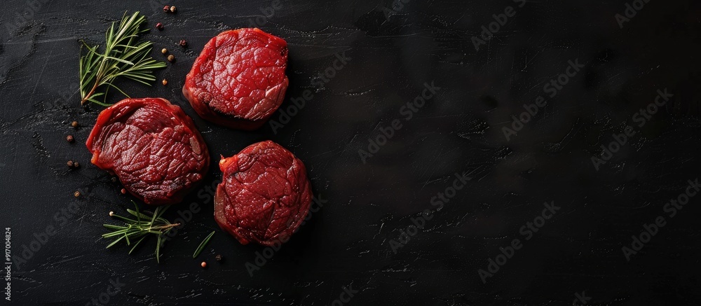 Poster top down view of dry aged fillet mignon and beef tenderloin steaks on a black backdrop with copy spa