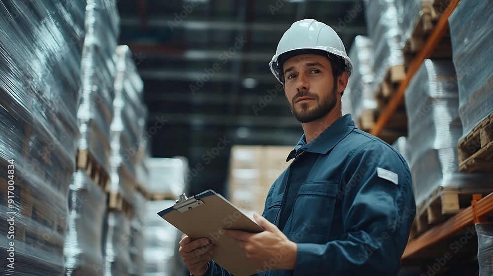 Poster portrait of man warehouse worker wearing uniform and helmet safety standing with clipboard for check