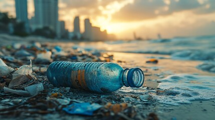 garbage the beach sea plastic bottle lies on the beach and pollutes the sea and the life of marine life Spilled garbage on the beach of the big city Empty used dirty plastic bottles : Generative AI