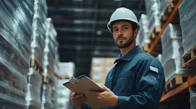 Portrait of man warehouse worker wearing uniform and helmet safety standing with clipboard for checking stock products on shelves in warehouse factory store Logistics Distribution Cent : Generative AI - Powered by Adobe