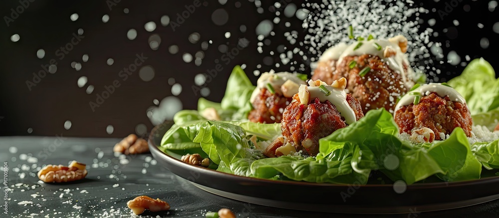 Poster a food display featuring lettuce meatballs white sauce and walnuts arranged beautifully on a plate w